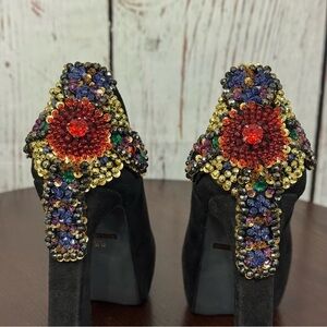 JEFFREY CAMPBELL EVA CROSS black suede platform pumps with sequins & Beads 6.5